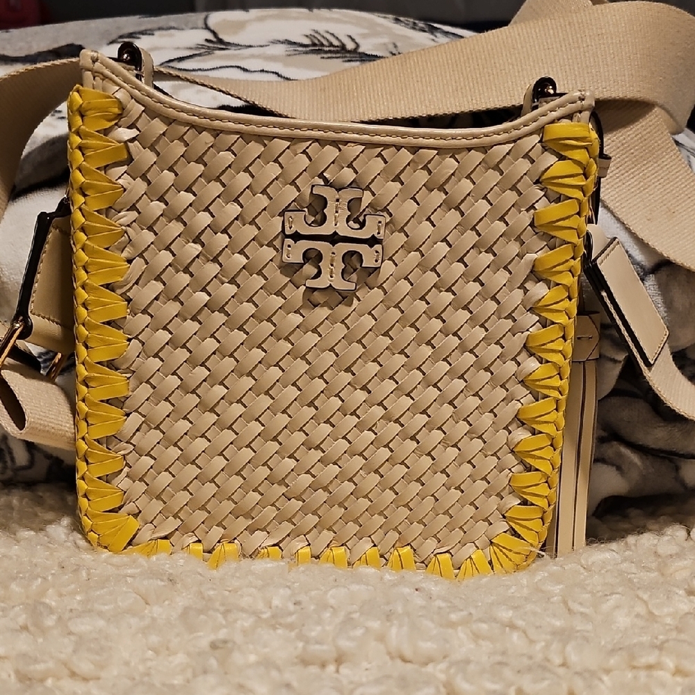 Tory Burch Cream and Yellow Crossbody Bag with Woven Texture